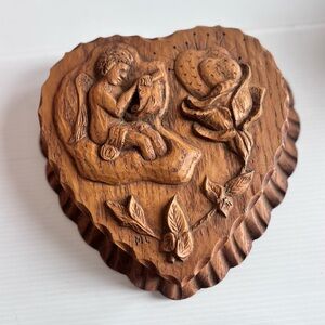 Vintage Wooden Heart Box Cherub Hand Carved